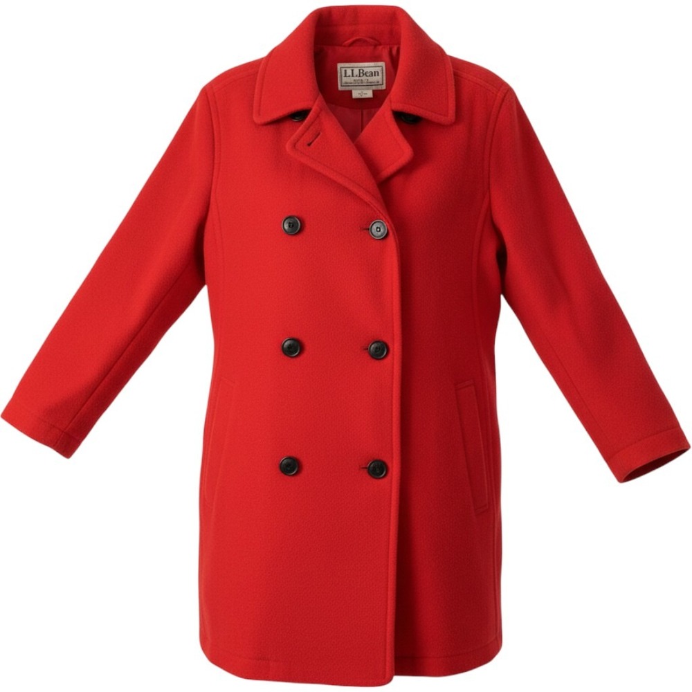 L.L. Bean Pea Coat Womens Large Red Lined Notch Lapel Double Breasted Winter
